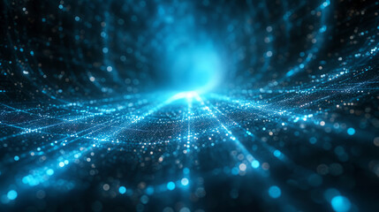 Obraz premium The beauty of the Internet, an abstract light tunnel, suffused with blue and white sparkles, evokes a sense of motion, depth, and futuristic energy, concept for futuristic technology, VR, AI