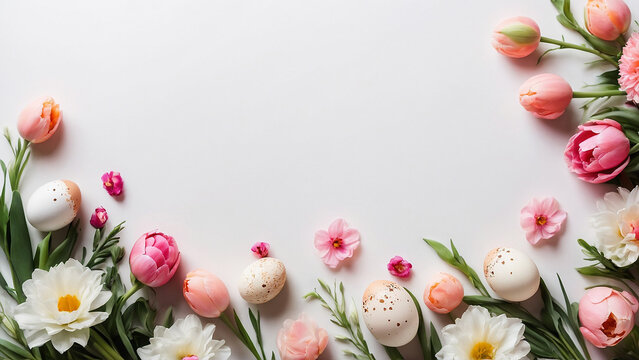 Colourful eggs and spring flowers on white background. Stylish gentle spring template with space for text.  Happy Easter minimalistic composition.