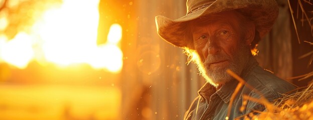 a man wearing a hat and hay is standing next to a barn, portrait