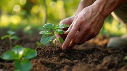 a men is pointing out the soil while planting a plant, in the style of light brown and green