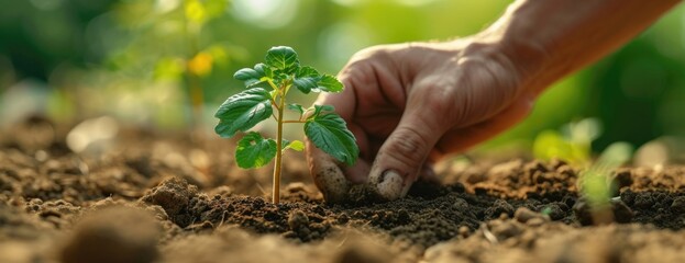 a men is pointing out the soil while planting a plant, in the style of light brown and green