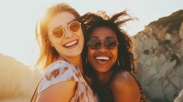 Two happy girls with glasses smiling, friendship forever