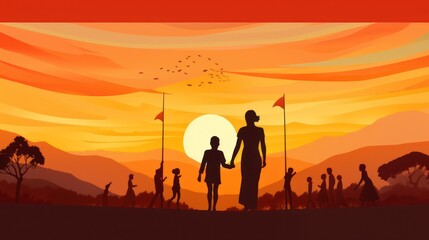 Fototapeta na wymiar Vector illustration design of family togetherness at sunset 