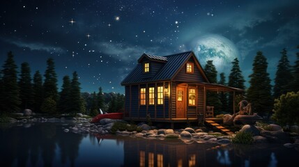 Illustration of a wooden hut in the middle of a lake at night, 