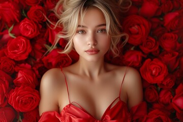 An ethereal blonde woman with sensual lips is adorned in scarlet, surrounded by a sea of red roses, creating a scene of pure romance, symbolizing celebration Valentine's Day