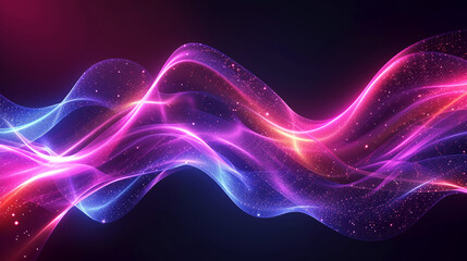 Fototapeta premium A dynamic wave of intertwined lights, glowing in vibrant shades of blue, pink, and purple against a dark backdrop. The luminous waves create an ethereal atmosphere, enhanced by the sprinkling of stars