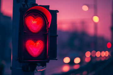 Traffic light in the form of a red heart on the background of the night city, the concept of falling in love