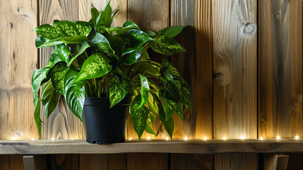 Green plant in black pot displayed on wooden shelf with LED strip lighting and wood . Generative Ai