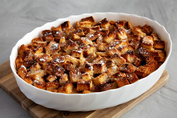 Homemade Bread Pudding in a Dish, side view.