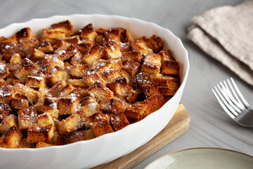 Homemade Bread Pudding in a Dish, side view.