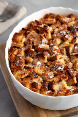 Homemade Bread Pudding in a Dish, side view.