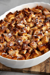 Homemade Bread Pudding in a Dish, side view.