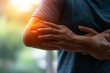 Man holding elbow that hurts, joint disease in elbows marked in red colour