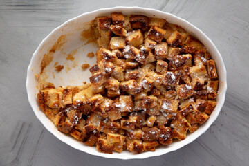 Homemade Bread Pudding in a Dish, top view. Flat lay, overhead, from above.