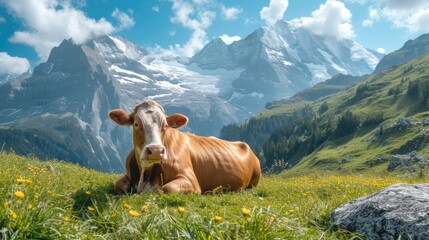 Fototapeta na wymiar a cow resting in the grass on a hill above some snow capped mountains
