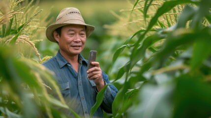 farmer wearing hat on cell phone standing in cornfield