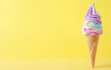 Multicolored ice cream swirl in waffle cone on yellow background. Soft serve cold dessert - 730449395