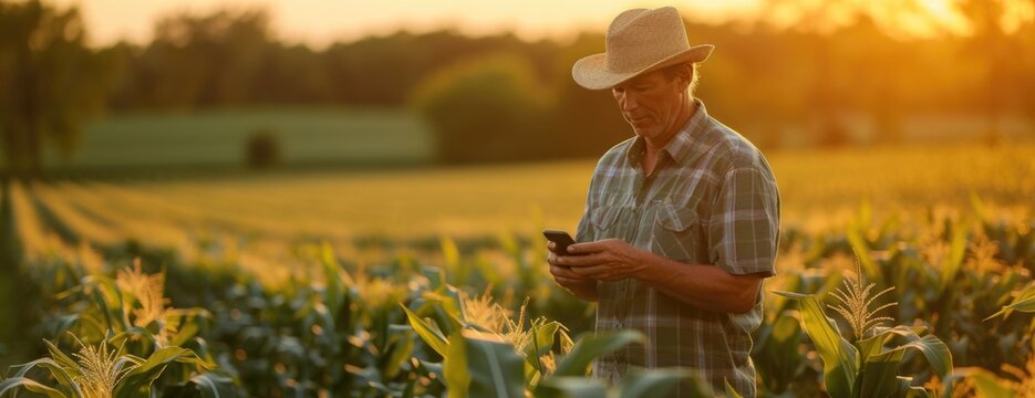 farmer wearing hat on cell phone standing in cornfield