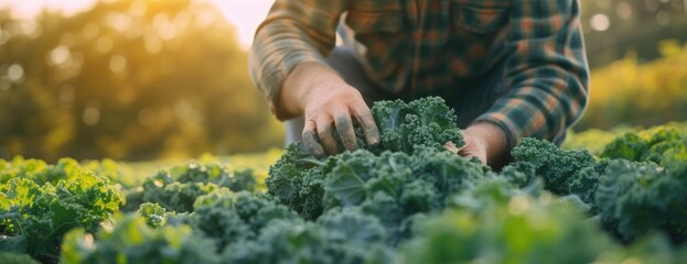 farmer growing kale on farm in sunny winter day on open field