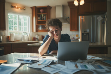 Sad girl, guy sitting near a laptop with papers scattered on the table, preparing for an exam working with papers in a bad mood - obrazy, fototapety, plakaty