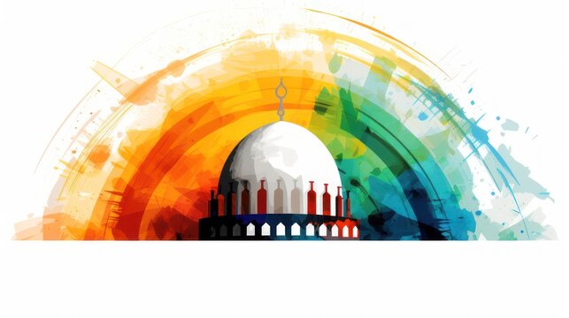 Muslim mosque dome Watercolor illustration, decorative ornaments celebrating Eid al Fitr and the month of Ramadan.