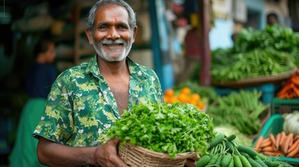 a man wearing a shirt with green vegetables, in the style of multicultural, cabin core