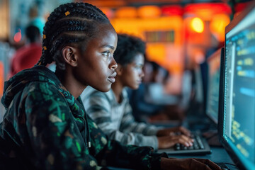 Young Girl Coding on Computer at School. Generative AI.