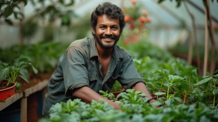 farmer cultivating fresh vegetables by hand in greenhouse, in the style of Indian scenes