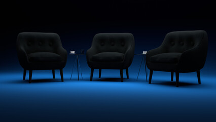 3D modeled Talkshow chairs / Webinar chairs in front of blue background.	
