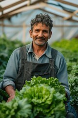 farmer cultivating fresh vegetables by hand in greenhouse, in the style of Indian scenes