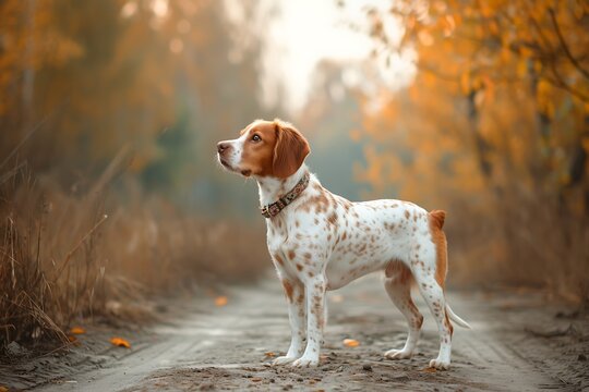 Brittany dog stands on a path in the woods, in the style of light amber and white