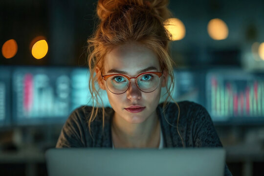 Young Female Programmer Working Late in Office. Generative AI.