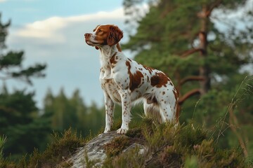 Brittany dog stands on a path in the woods, in the style of light amber and white