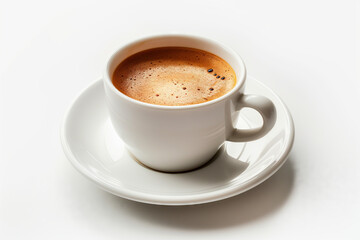 Cappuccino coffee with a shot of espresso. Caffeine beverages and drink stock photo with leaf and heart crema froth latte.