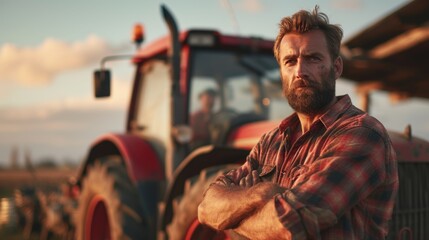 farmer standing in front of a tractor - obrazy, fototapety, plakaty