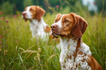 Brittany dog puppy sitting in the grass next to a red and white dog, in the style of light white and dark orange