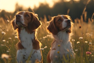 a pair of two Brittany dogs sitting in a meadow, in the style of dark orange and light crimson