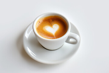 Cappuccino coffee with a shot of espresso. Caffeine beverages and drink stock photo with leaf and heart crema froth.