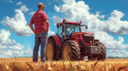 a man standing next to a tractor in an open field