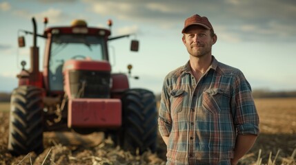 man standing in field with tractor