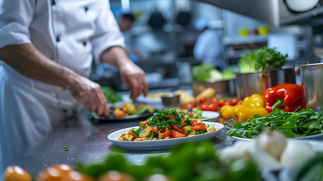 A Chef Preparing Food In A Kitchen With A Lot Of Vegetables