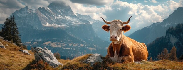 large cow sits on a hill next to mountains, in the style of Swiss style - obrazy, fototapety, plakaty