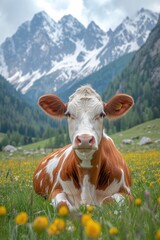 a cow resting in a pasture with mountains outside, in the style of tarragon, close-up shots - obrazy, fototapety, plakaty