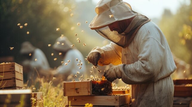 beekeeper collecting honey from bee hives - Powered by Adobe