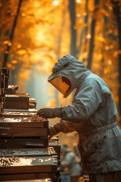 beekeeper collecting honey from bee hives