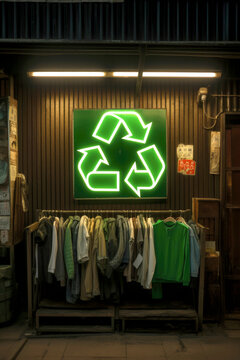 Thrift store clothes rack with recycling symbol Generative AI image