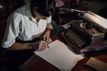 Una persona  trabajando con una maquina de escribir antigua  - obrazy, fototapety, plakaty