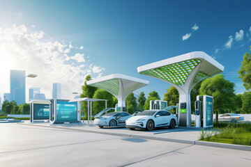 The city of the future, a modern city with charging stations for electric cars