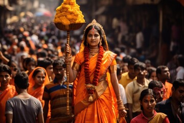Fototapeta premium Happy gudi padwa: a joyous celebration of marathi new year, ushering in happiness, renewal, and cultural traditions, embracing festive spirit and new beginnings with family and cultural pride.