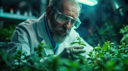 scientist in lab checking plants, in the style of dark green and light gray